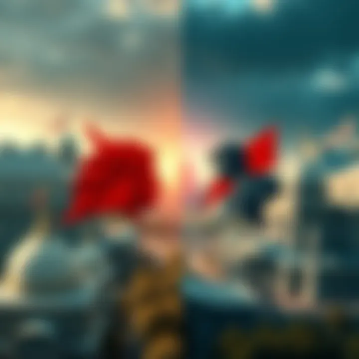 A split image showing symbols of left and right political ideologies, with governance structures in the background.