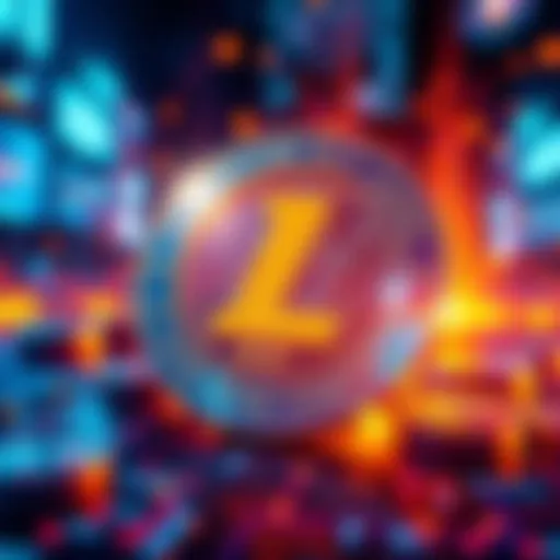 A digital representation of Litecoin integrating Real World Assets and smart contracts with visuals of blockchain technology and financial symbols.