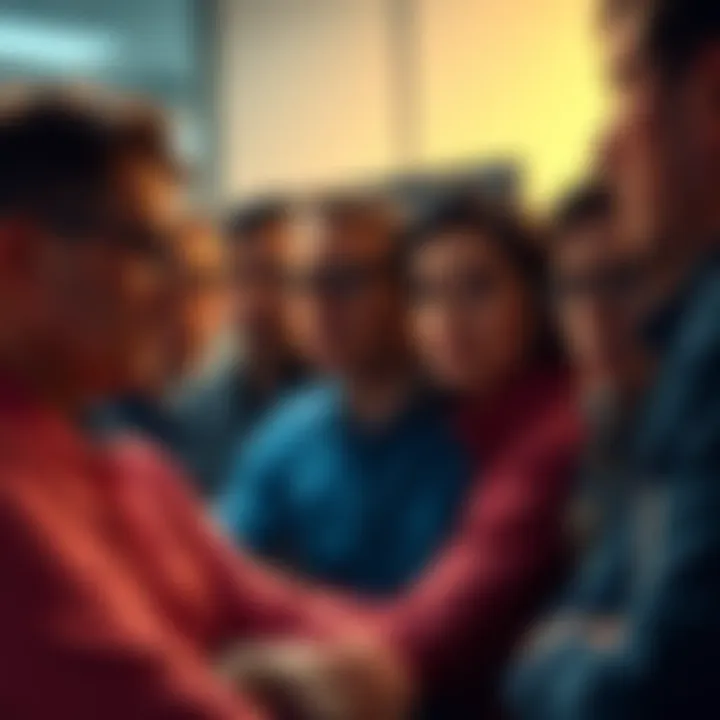 A group of people talking about the Litecoin masturbation scam, looking concerned and shocked.