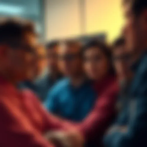 People discussing the Litecoin scam A group of people talking about the Litecoin masturbation scam, looking concerned and shocked.