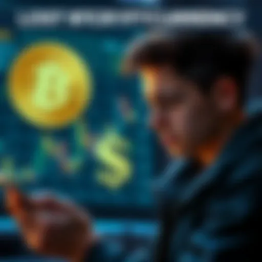 A young investor looks frustrated while checking his Ledger Live app, showing a loss of Bitcoin. A graphic representation of Bitcoin and a swap feature is in the background.