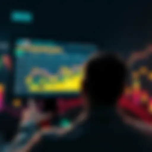 A person viewing a chart showing stablecoin investment growth, with currency symbols around them, representing low-risk staking.