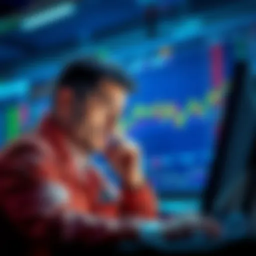 A trader analyzing LRC price charts and market trends with a concerned expression, symbolizing the potential for recovery in 2025.