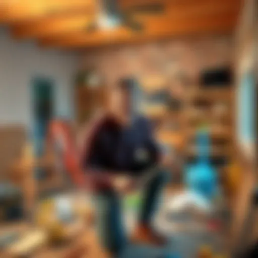 A man working on home renovations after selling part of his Bitcoin, showing a partially renovated room with tools and materials around.