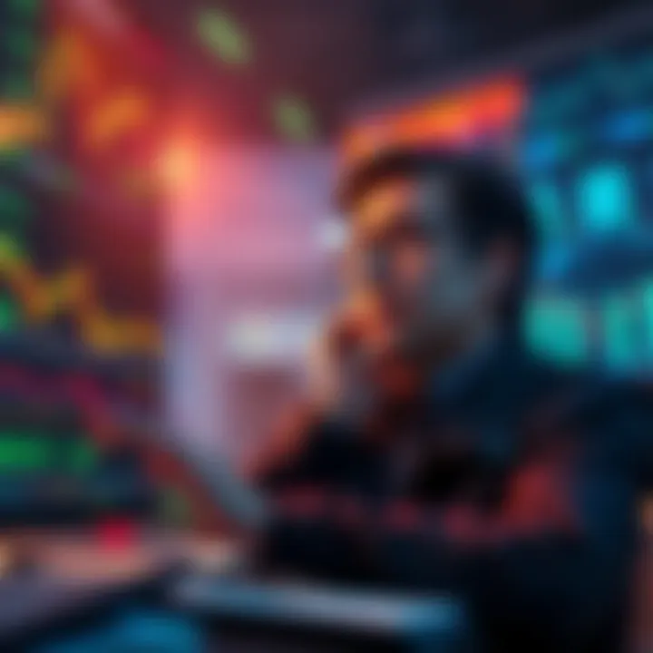 A person looking concerned at stock charts showing a 4% drop from peak prices, with a calculator and notebook nearby
