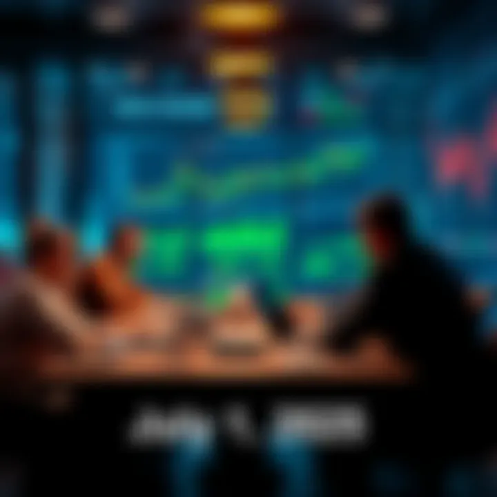 A group of people discussing market strategies at a table with laptops and charts