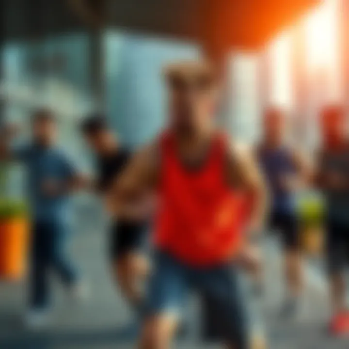 A group of men participating in outdoor fitness activities, focusing on wellness and personal development in a modern setting
