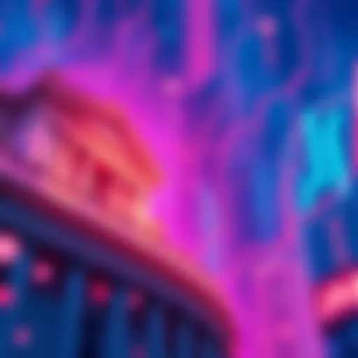 Representation of Traditional and Decentralized Finance systems merging together, showing digital currencies and bank buildings interacting.