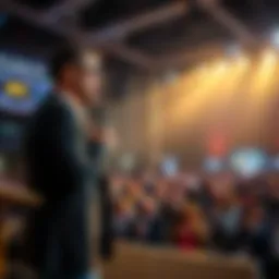 Michael Saylor stands on stage delivering a speech at BTC Prague, with an engaged audience in the background, showcasing his passion for cryptocurrency.