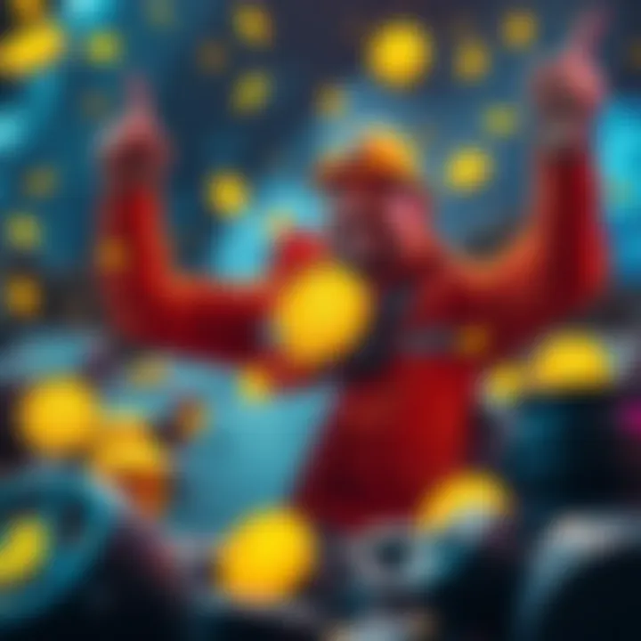 Miner Celebrating Discovery A solo miner is celebrating after finding a block, surrounded by Bitcoin symbols and a digital wallet graphic.