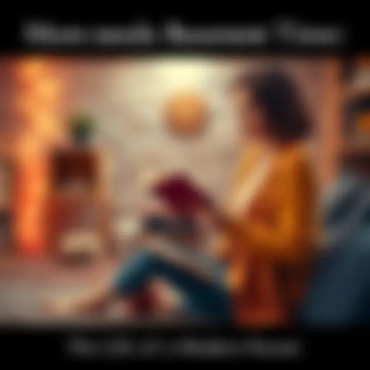 A mother sitting in a cozy basement space with a book and a cup of coffee, enjoying a moment of peace away from family duties