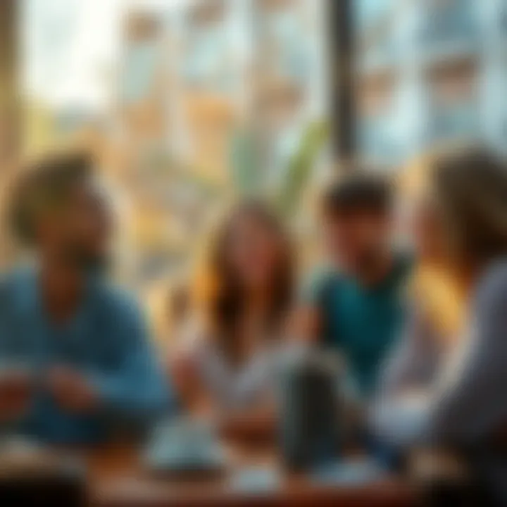 A group of friends smiling and chatting over coffee in the morning light.