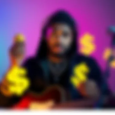 A musician looks concerned while holding dollar signs and depicting NFTs, symbolizing financial loss from taxes and market crash.