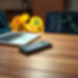A Nano Ledger S wallet placed on a wooden table with a laptop and Bitcoin symbols in the background.