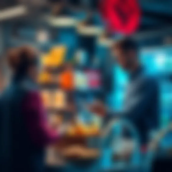 A digital transaction scene featuring a small business owner interacting with a customer using Nano for payment, surrounded by crypto icons and shop items.