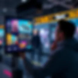 A person looking at a digital screen displaying various NFT artworks and prices, considering investment options.