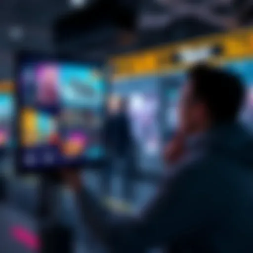 A person looking at a digital screen displaying various NFT artworks and prices, considering investment options.