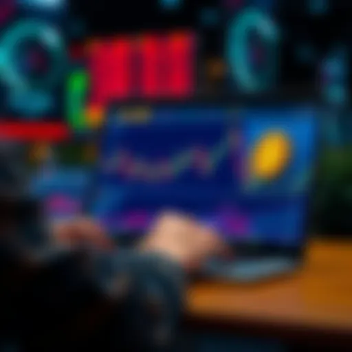 A person using a laptop for Bitcoin trading on a non-KYC exchange, with graphs and digital currency icons visible on the screen.