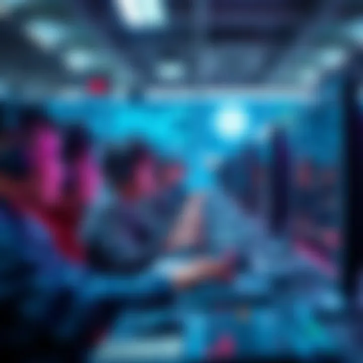 Group of North Korean IT workers focused on their computers, symbolizing tech earnings and economic activity