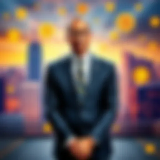 NYC Mayor Eric Adams standing in front of a backdrop with cryptocurrency symbols and city skyline, announcing the formation of a crypto advisory council.