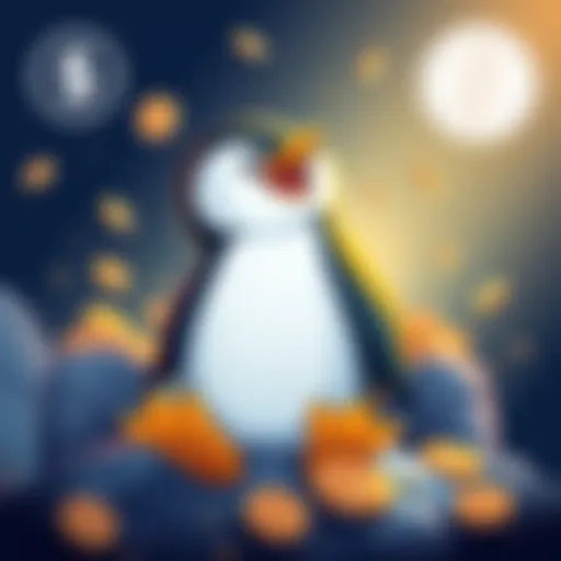 Illustration of $PENGU as a cheerful penguin with coins around it, symbolizing its strong brand and revenue in the memecoin market.