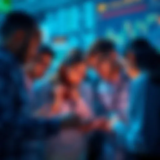 A group of individuals focused on financial charts and data, showcasing their interest in numerical success and gain.