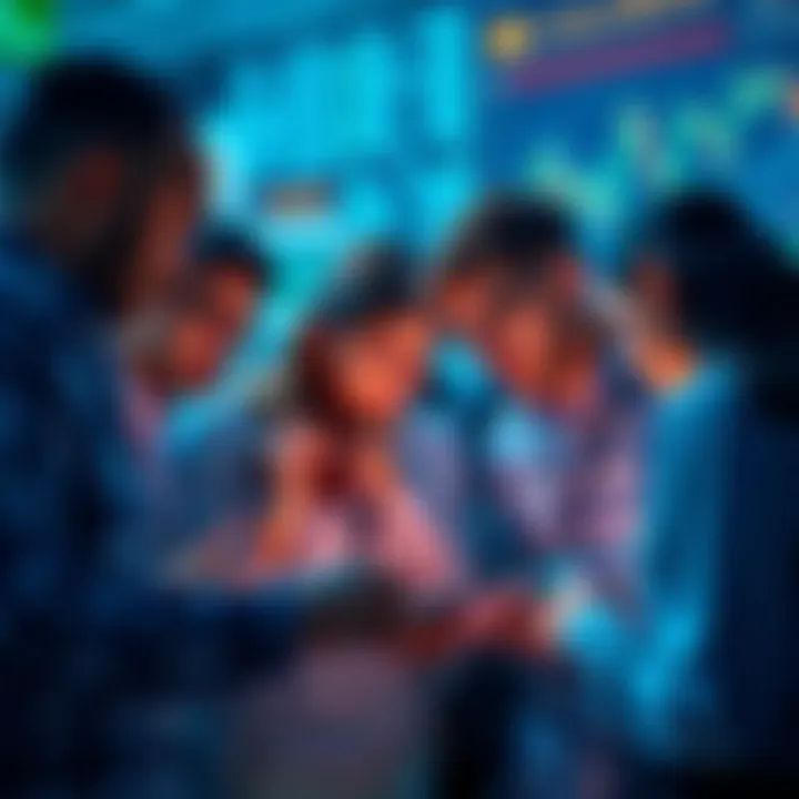 A group of individuals focused on financial charts and data, showcasing their interest in numerical success and gain.