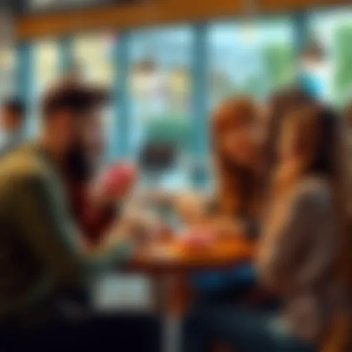 A group of people engaged in a friendly discussion, enjoying donuts and coffee in a casual setting.