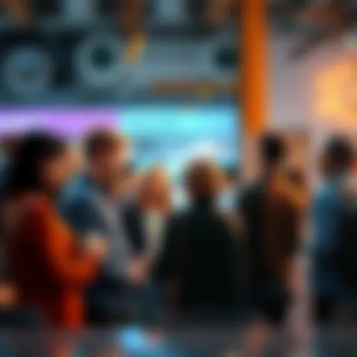 A group of people engaging in conversation about donuts and trading in a lively community setting