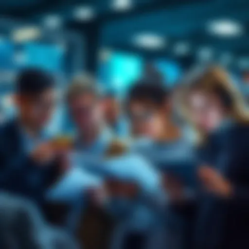 A diverse group of people reading and discussing news on their devices
