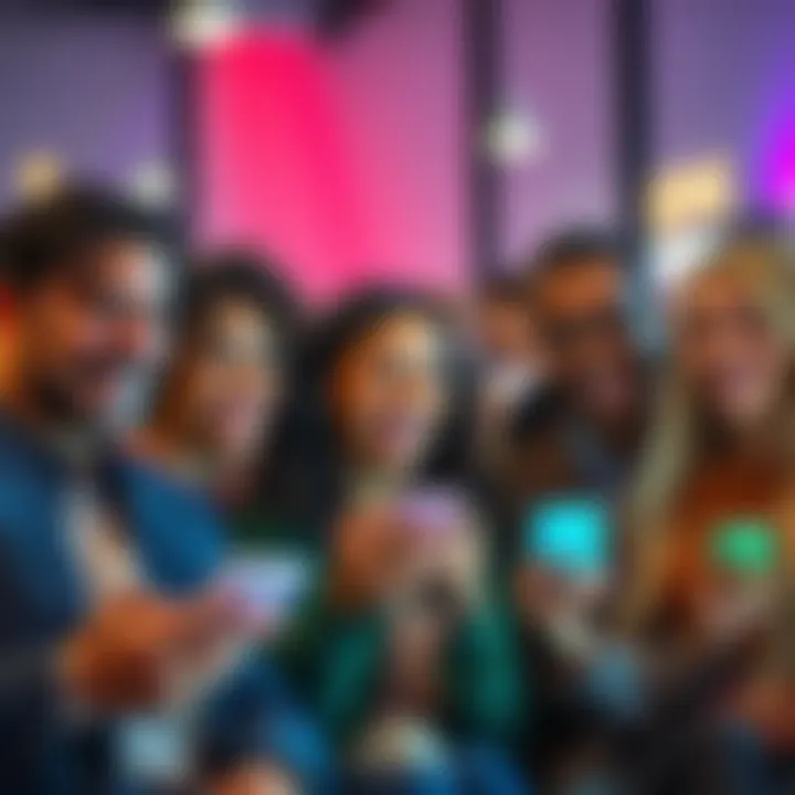 A group of diverse people smiling while using their phones, sharing moments on social media about the phrase 'Weeeee'