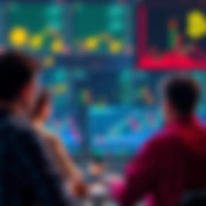 A group of people looking at financial graphs on screens with cryptocurrency symbols in the background