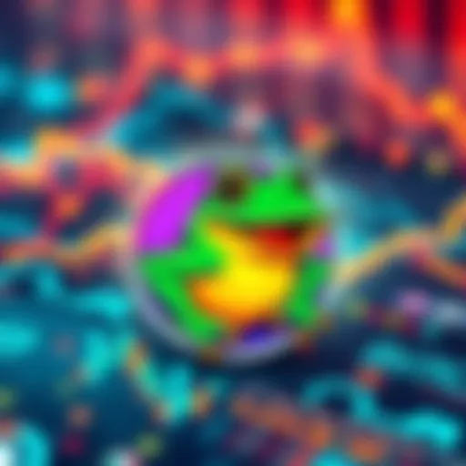 A vibrant Pepecoin logo featuring a cartoon frog, symbolizing the meme coin's playful nature, surrounded by digital blockchain graphics.