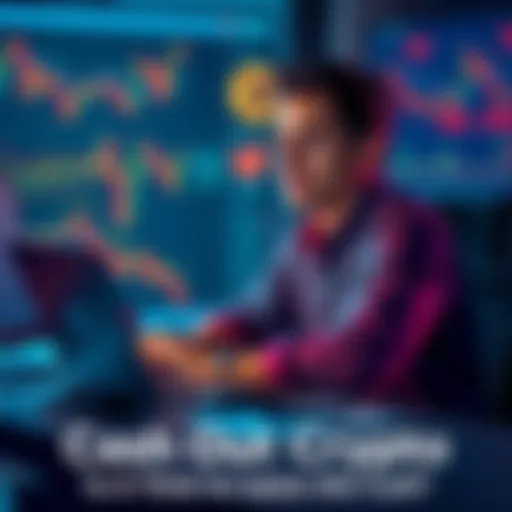 Individual sitting at a desk, looking relieved while cashing out cryptocurrency on a laptop, surrounded by financial charts and crypto symbols