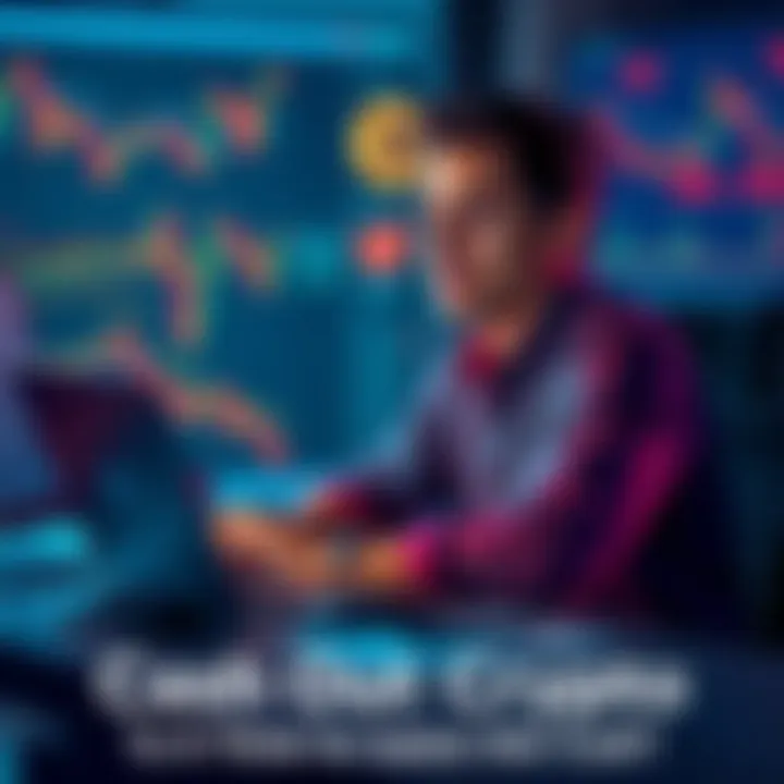 Individual sitting at a desk, looking relieved while cashing out cryptocurrency on a laptop, surrounded by financial charts and crypto symbols