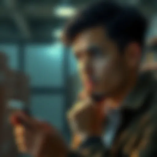 A person looking at a phone with a thoughtful expression, contemplating whether to make a call about a delay in distribution.