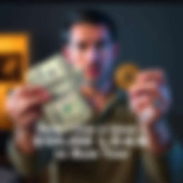 Individual holding cash in one hand and a Bitcoin in the other, showcasing their investment decision, with a concerned expression on their face.