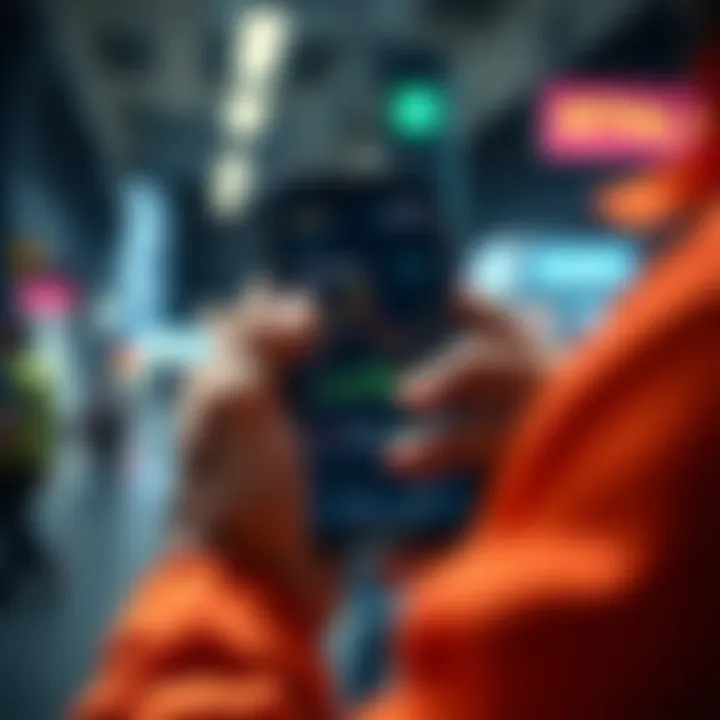 An unemployed individual looking at cryptocurrency charts on a mobile phone while contemplating an investment