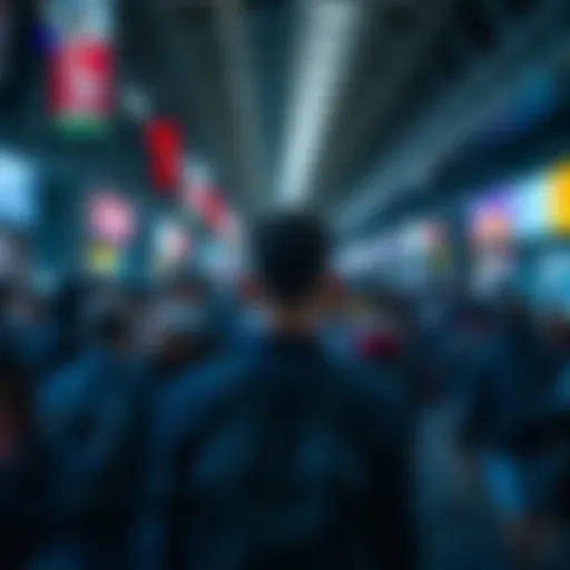A person stands alone in a busy crowd, looking contemplative and disconnected, highlighting feelings of isolation.
