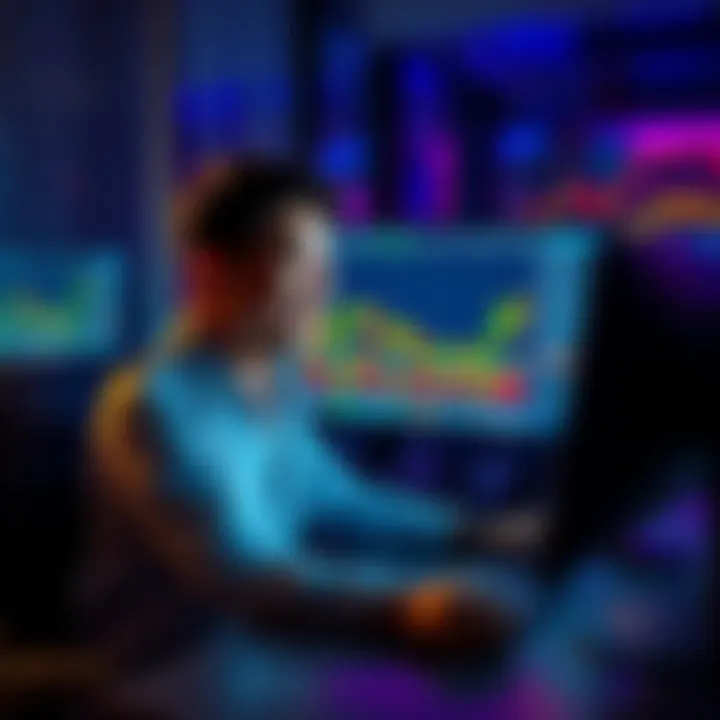 Individual sitting at a desk, smiling while viewing a computer screen showing cryptocurrency charts, feeling liberated after cashing out