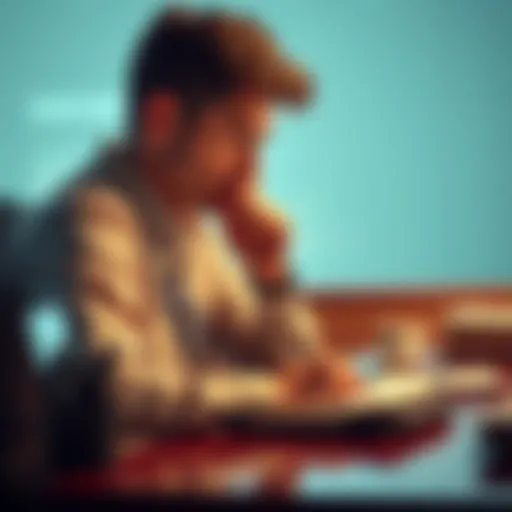 A thoughtful person sitting at a desk with a notebook, considering different paths and options in decision-making.