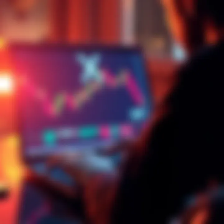 A person looking at cryptocurrency charts on a laptop with XRP logo visible and other crypto coins like SOL and DOGE in the background.