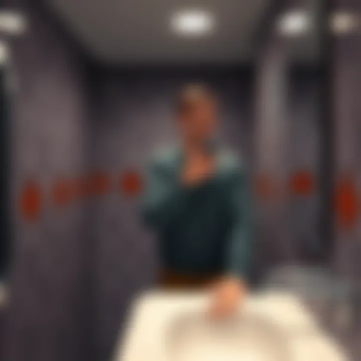 A person standing at a sink mimicking handwashing while looking at their phone with a stressed expression, symbolizing panic selling