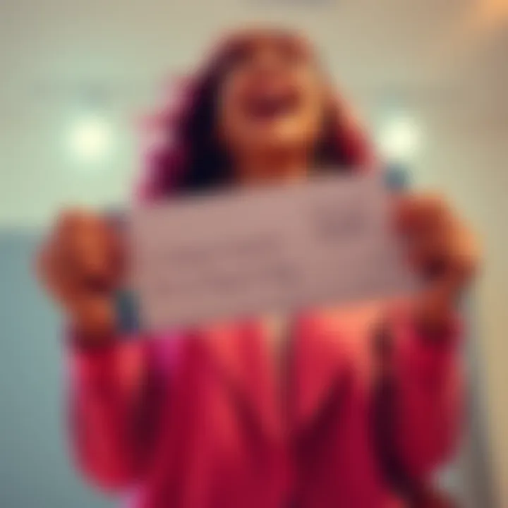 A person joyfully holding a check, symbolizing the excitement of finally receiving a payout after a long wait.