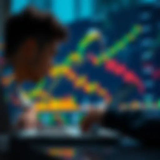 A person gazing at fluctuating cryptocurrency charts on a laptop, reflecting on investment choices and market trends