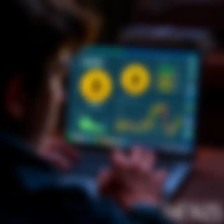 Individual looking at an old laptop screen showing a Bitcoin wallet with a thoughtful expression, contemplating financial decisions.