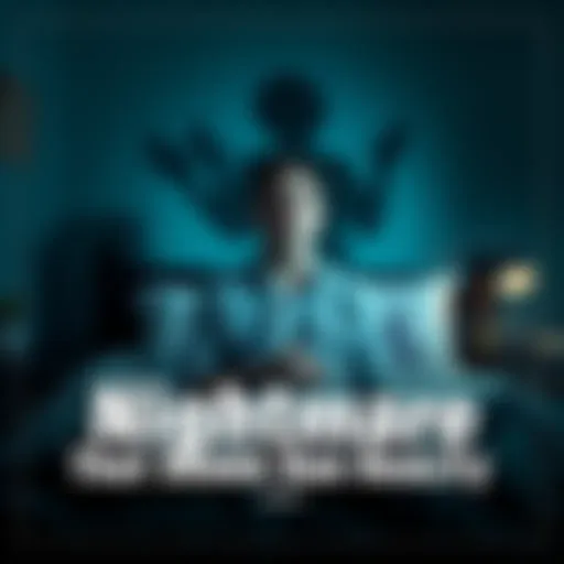 A person sitting up in bed, looking terrified after a bad dream, with shadows looming in the background