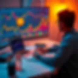 Individual at a desk with a laptop and bitcoin charts
