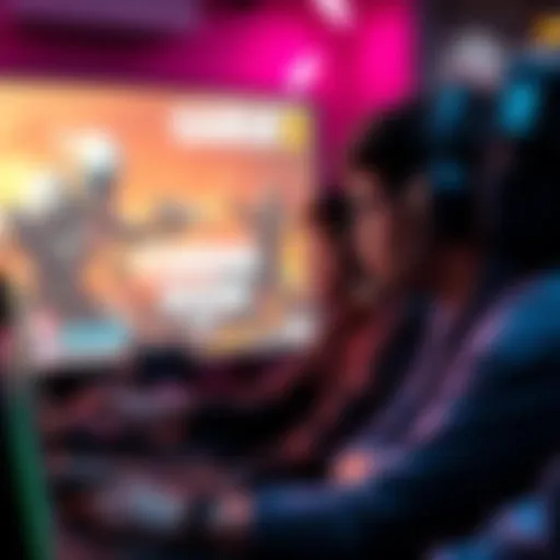 Group of gamers looking at a screen showing 'Coming Soon' features for a video game