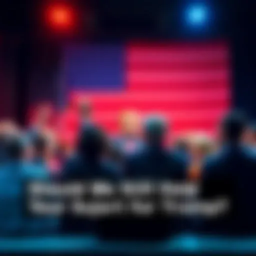 A group of people engaged in a heated discussion about President Trump, some showing support and others expressing opposition, set against a backdrop of the American flag.